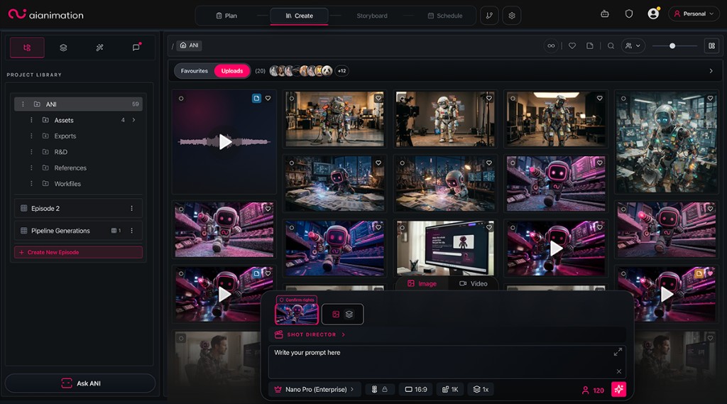 Full Create workspace — sidebar, gallery, uploads lane, and Shot Director generator