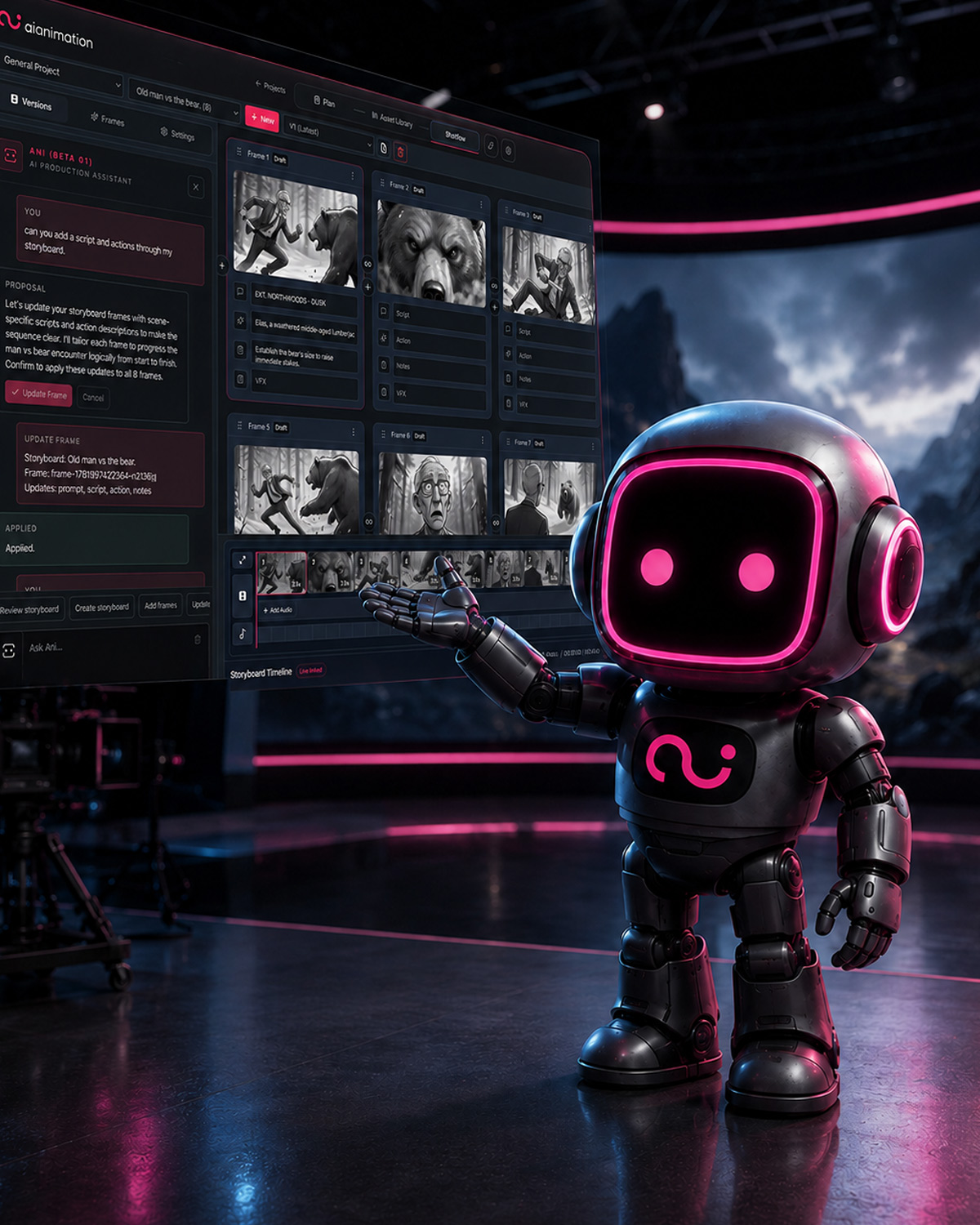Ani, the AI Animation production assistant, presenting a connected storyboard and shot-planning workspace