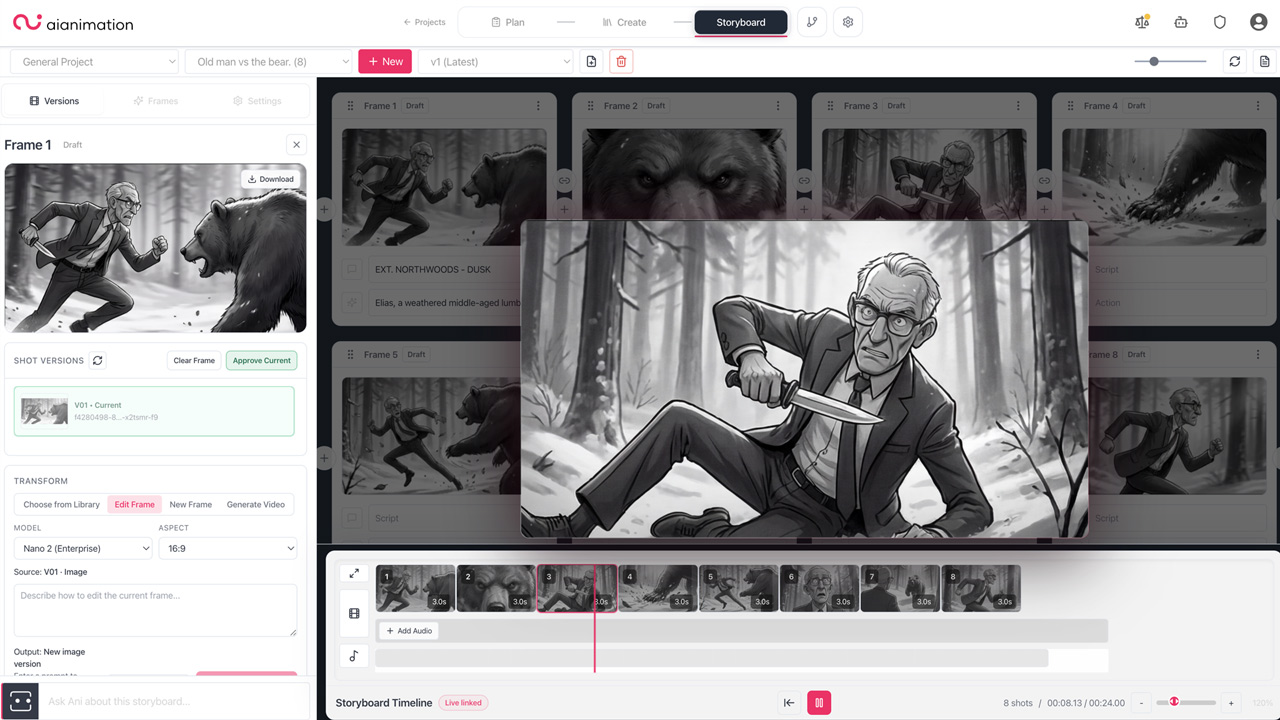 AI Animation project workspace showing connected production assets for an old man and bear sequence.