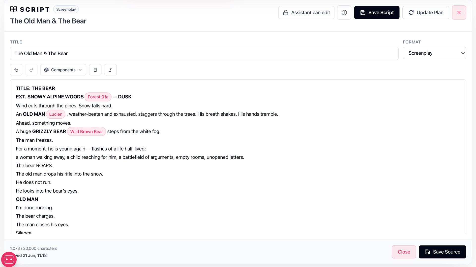 AIAnimation.com script workspace showing a screenplay with inline-linked environment and character components, plus Save Script and Update Plan controls.
