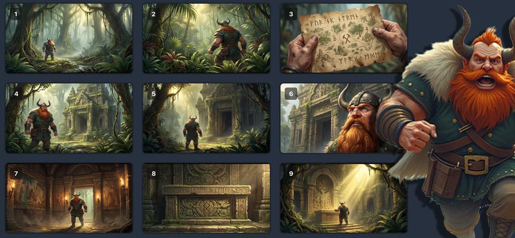 AI-generated storyboard grid showing 9 cinematic panels