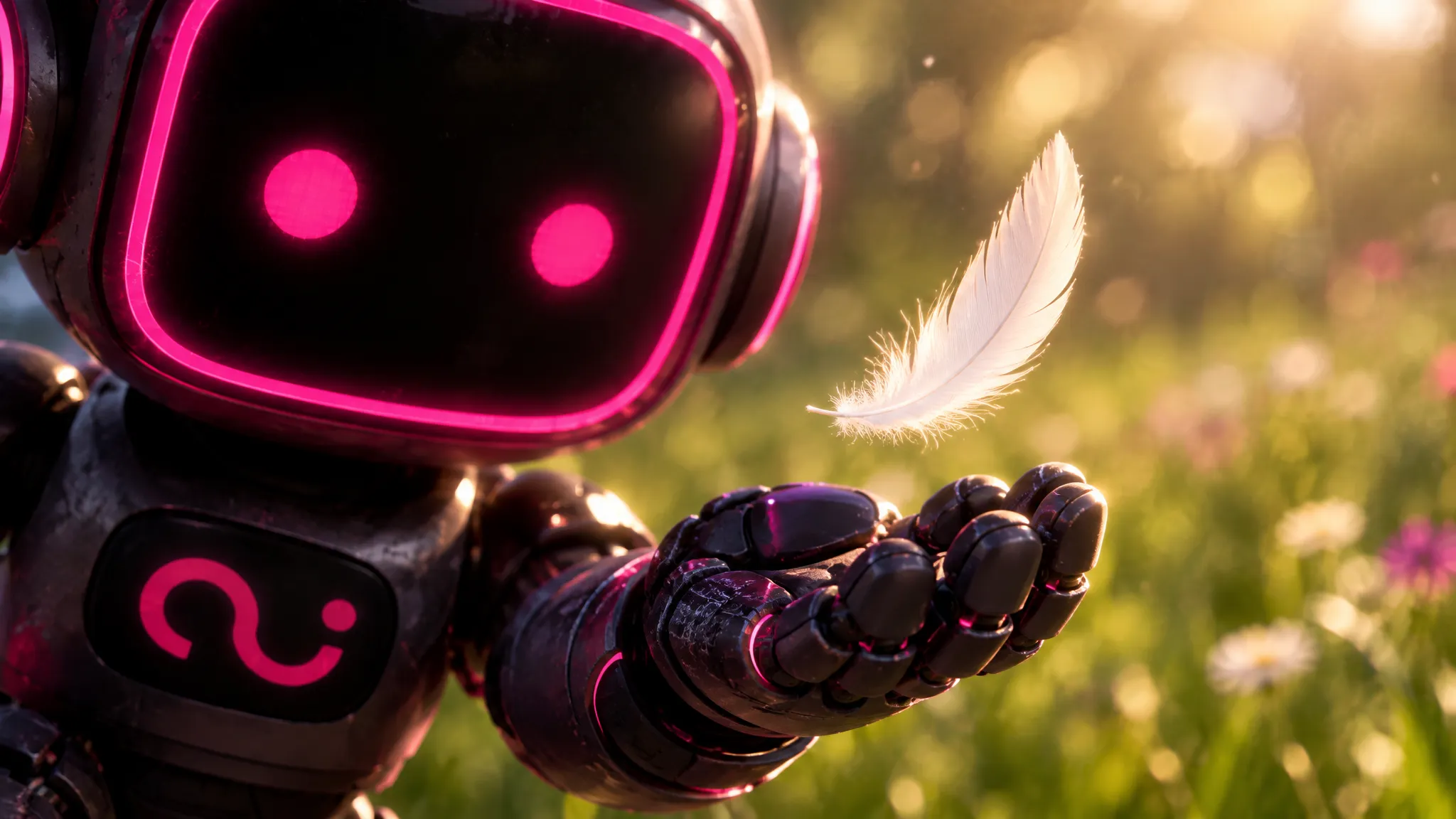 A close-up of a dark metallic robot with glowing pink eyes, holding out its hand beneath a white feather in warm meadow light.