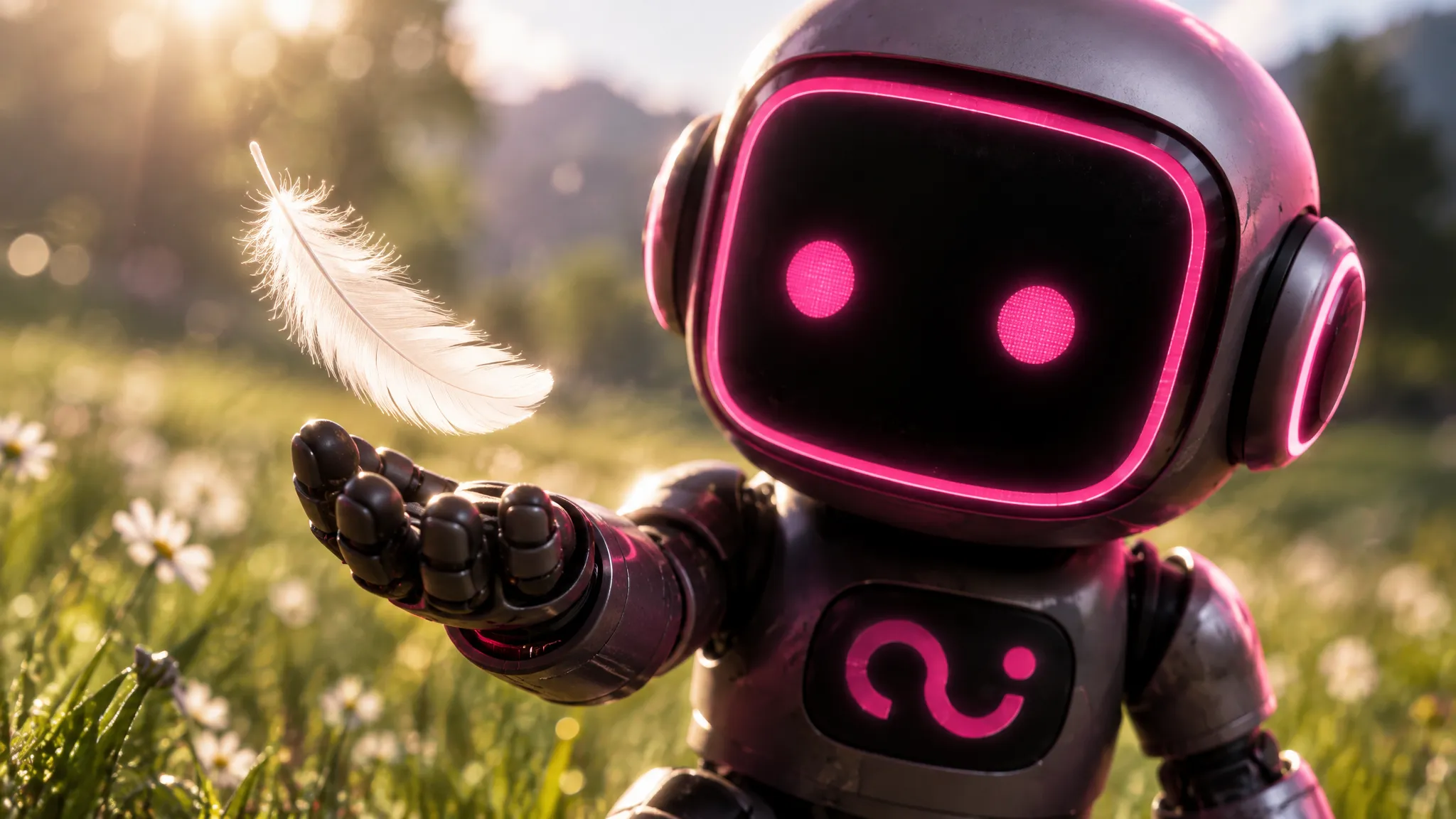 A small silver robot with glowing pink eyes watches a white feather float above its hand in a sunlit meadow.