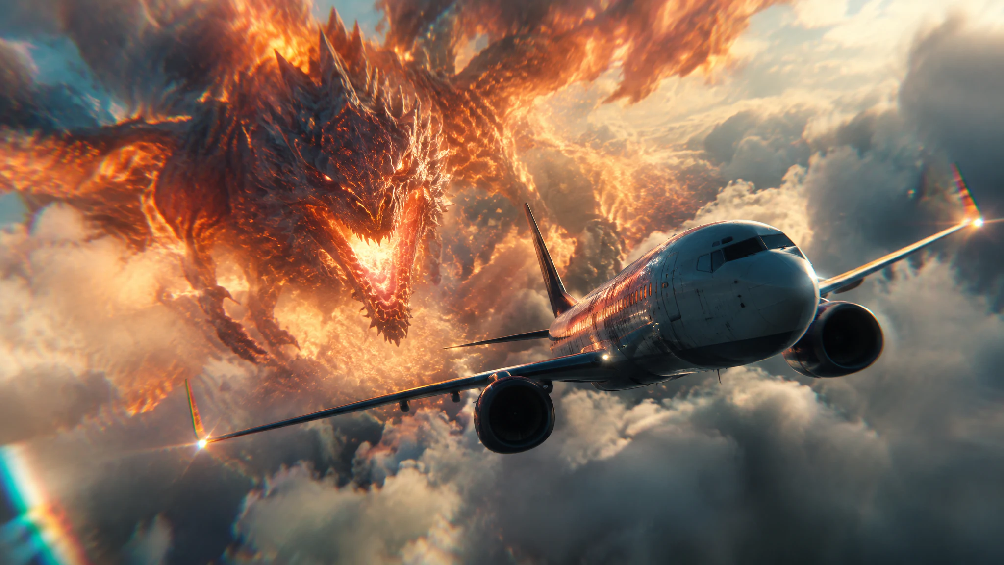 A passenger aircraft flying through clouds beside a fiery dragon