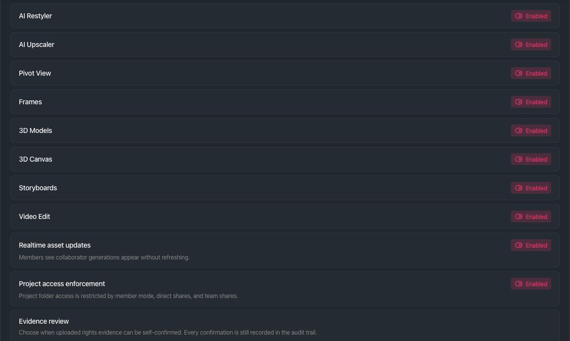 Studio workspace settings showing production tools, realtime asset updates, project access enforcement and evidence review controls